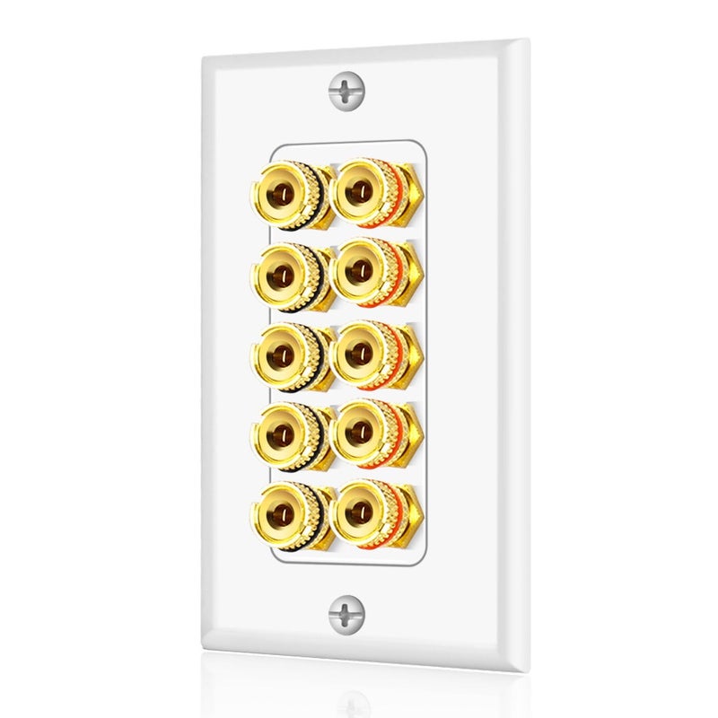 TNP Products TNP Home Theater Wall Plate - Banana Plug Wall Plate, 5 Speaker Wire with Gold-Plated Terminals, Single Gang Audio, in-Wall Surround Sound Connection Plates, White - Image 1
